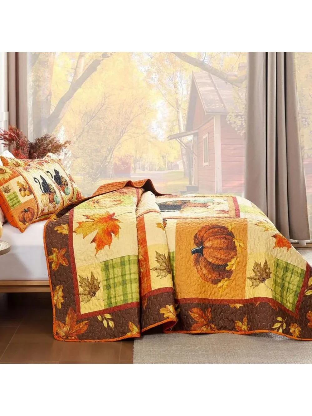 Happy Thanksgiving Harvest Fall Quilt Set - Cozy Queen Size Bedding Decor